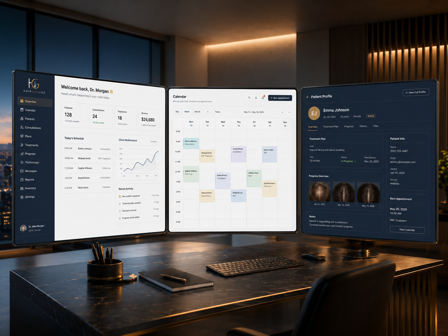 HairGauge multi-screen clinic dashboard showing calendar, overview, and patient profile.