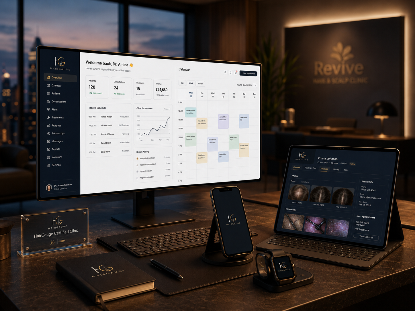 Multi-device HairGauge workspace showing connected recovery milestones and clinic scheduling.