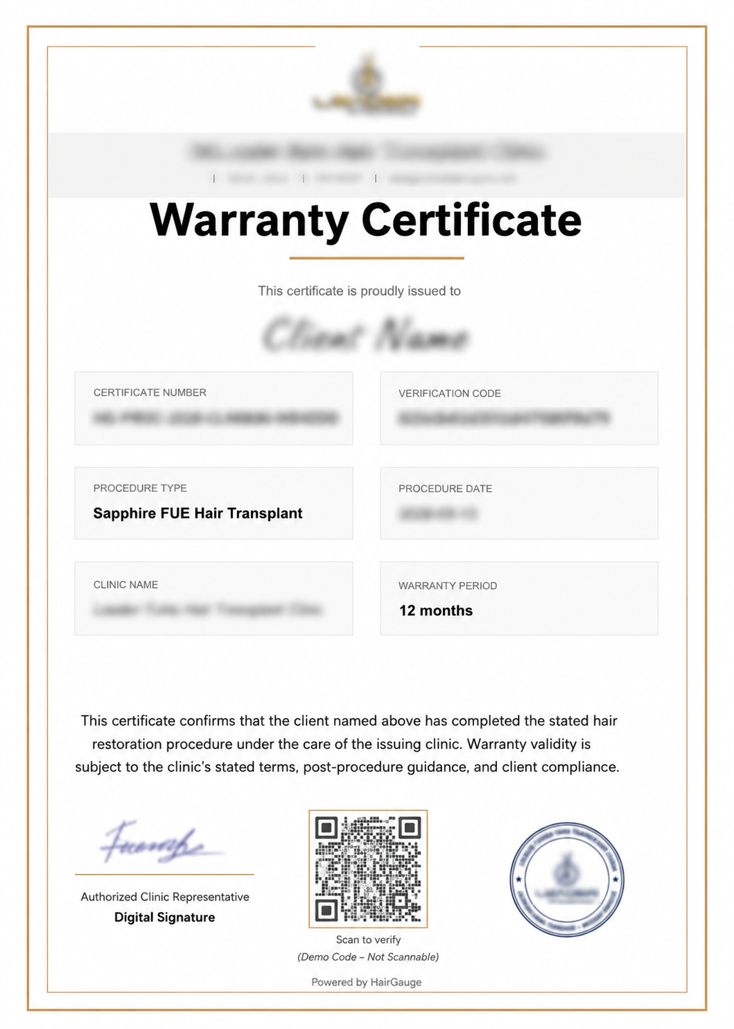 Demo HairGauge certificate preview showing official verification concept.